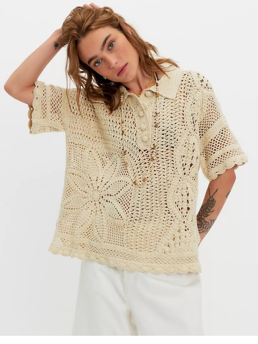 Free People Dahlia Crochet Knit Polo Top in Cream XS